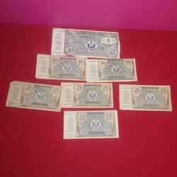 7 Us Military Payment Certificates 10c 25c 50c & 5 Dollars 