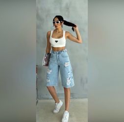 Distressed Bermuda Denim Shorts - Size 30