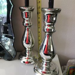 Set of 2 silver mercury glass candle stick holders