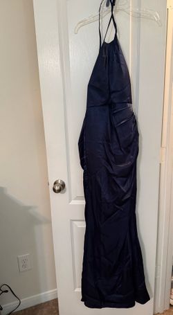 Navy blue satin ruched halter dress