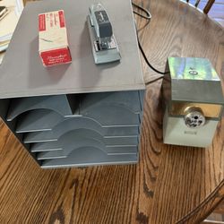 Vintage Pencil Sharpener, File Box, And Stapler