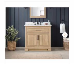 Doveton 36 in. Single Sink Freestanding Weathered Tan Bath Vanity with White Engineered Marble Top (Assembled)