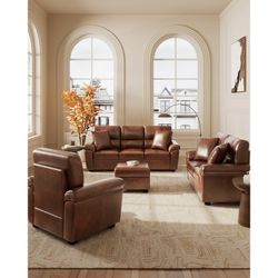  Faux Leather Upholstered 3 Pieces Living Room Set chair,Loveseat and Sofa Brown，living Room Sofa Set, 
