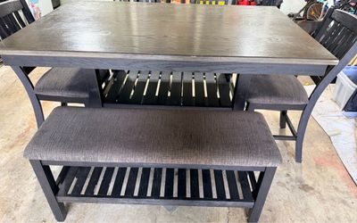 Dark Wood Dining Table Set with Bench and Chairs