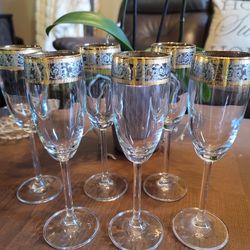 Vintage Platinum Rim CRYSTAL Etched Wine Glasses, Set of 7