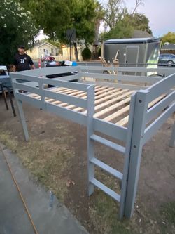 Gray Wood full size Loft Bed Frame with Ladder
