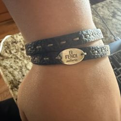 Fendi selleria black double wrap leather bracelet with silver logo medallion