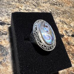 Ornate Solid, Sterling, Silver And Abalone Shell Ring
