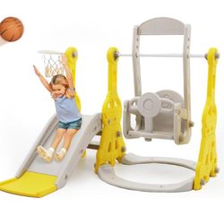 Toddler Slide and Swing Set 4 in 1 Baby Slide Climber Playse with Swing Slide Climber and Basketball Kids Slide (X004)