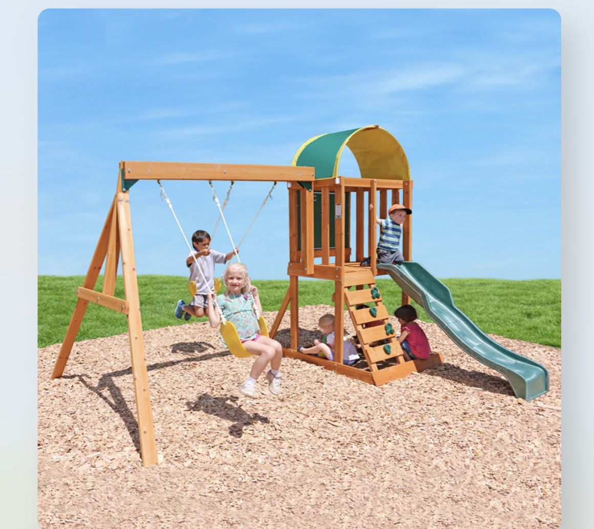 sley wooden outdoor swing set / playset with slide, chalk wall, canopy and rock wall