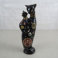 Ceramic Hand Painted Black Multi Colored Mom Cat & Kitten-8 3/4" Tall


