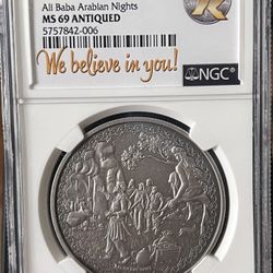 2019 Niue 2 Dollar Legendary Tales Series • Ali Baba Arabian Nights in 7K Label • 1 oz Pure Silver (.999 Fine) • Graded NGC MS69 Antiqued