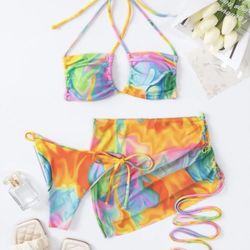 Brand New Tie Dye Halter Bikini Swimsuit Set With Cover Up Skirt Size XL