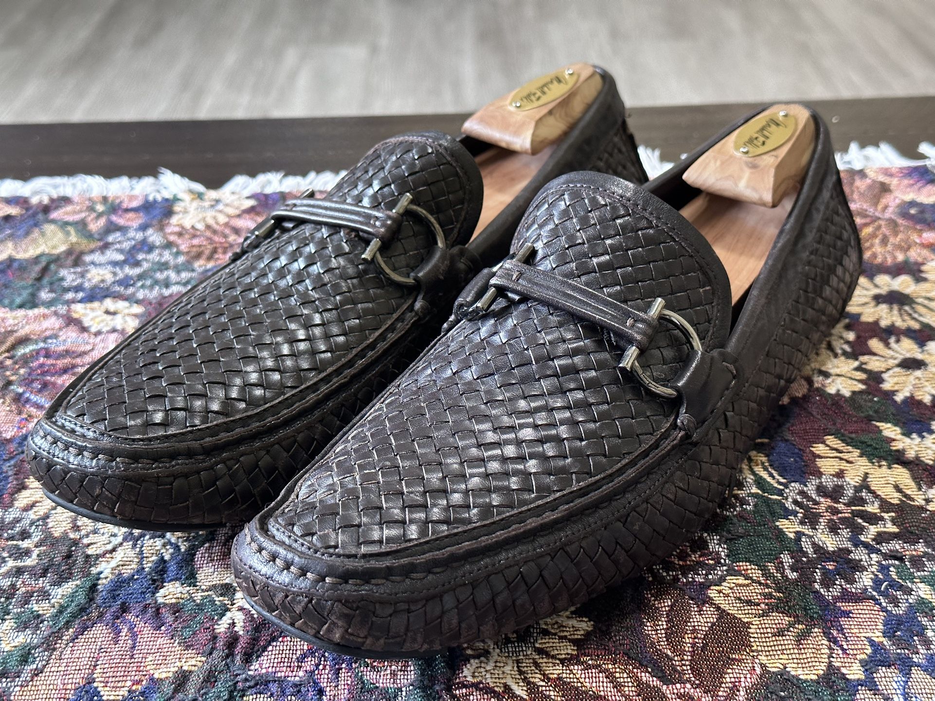 Salvatore Ferragamo Brown Woven Leather Parigi Gancio Horse Bit Loafers Size 11.5