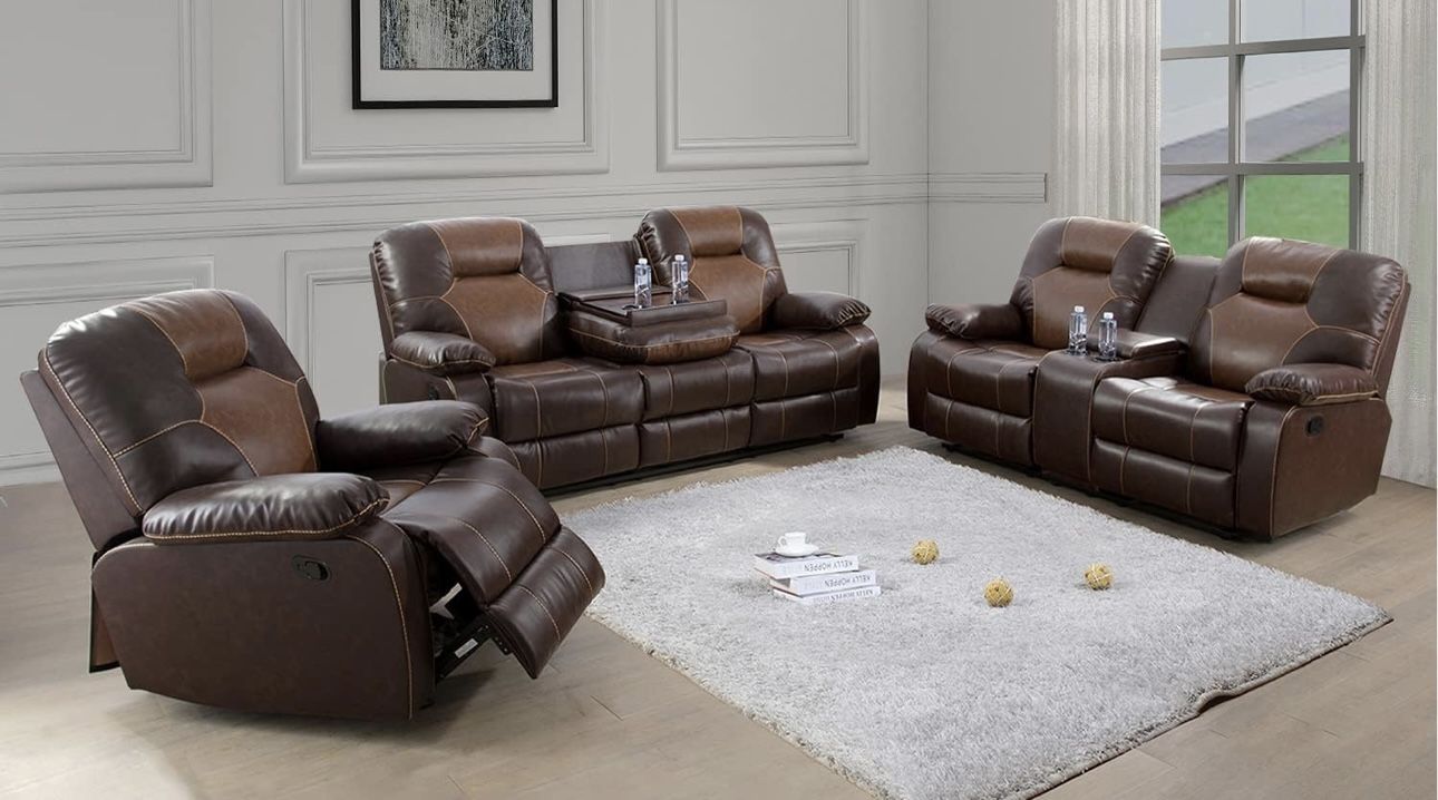 Brown Leather Fully Reclining Three Piece Couch Set
