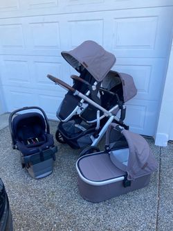Theo Uppababy V2 Vista Double Stroller with bassinet and car seat