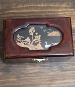 Vintage Mini Chinese Cork Carving Lacquer Jewelry Box | Swans