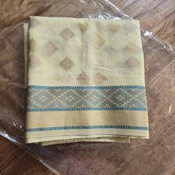 New Buttery Yellow Linen Saree With Blue And Gold Border