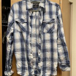 Skully Men's Blue Flannel Long Sleeve Checkered Shirt Small 100% Cotton Snap Closure