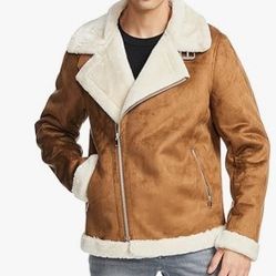 New Mens Faux Shearling Jacket Sherpa Aviator Leather Jacket Fur Coller Jacket With Zipper