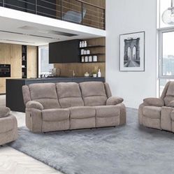 Brand New Plush Mocha 3pc Reclining Sofa Set