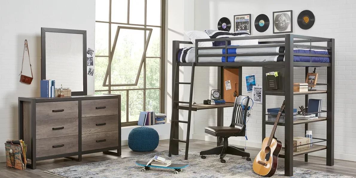 Colefax Avenue Gray Twin Loft Bed with Desk and Bookcase