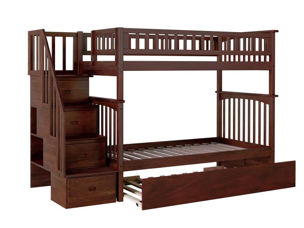 AFI Columbia Staircase Bunkbed With Turbo Charger And Raised Panel Bed Drawers, Full/full, Walnut With Twin Pullout