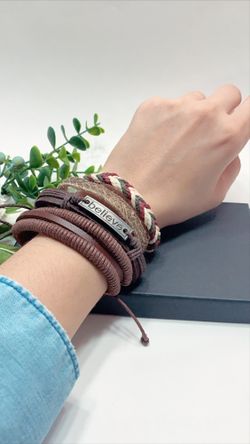 Adjustable Size up to 9.5inc Braided Multi-layer Leather Bracelet (Set of 4), Believe