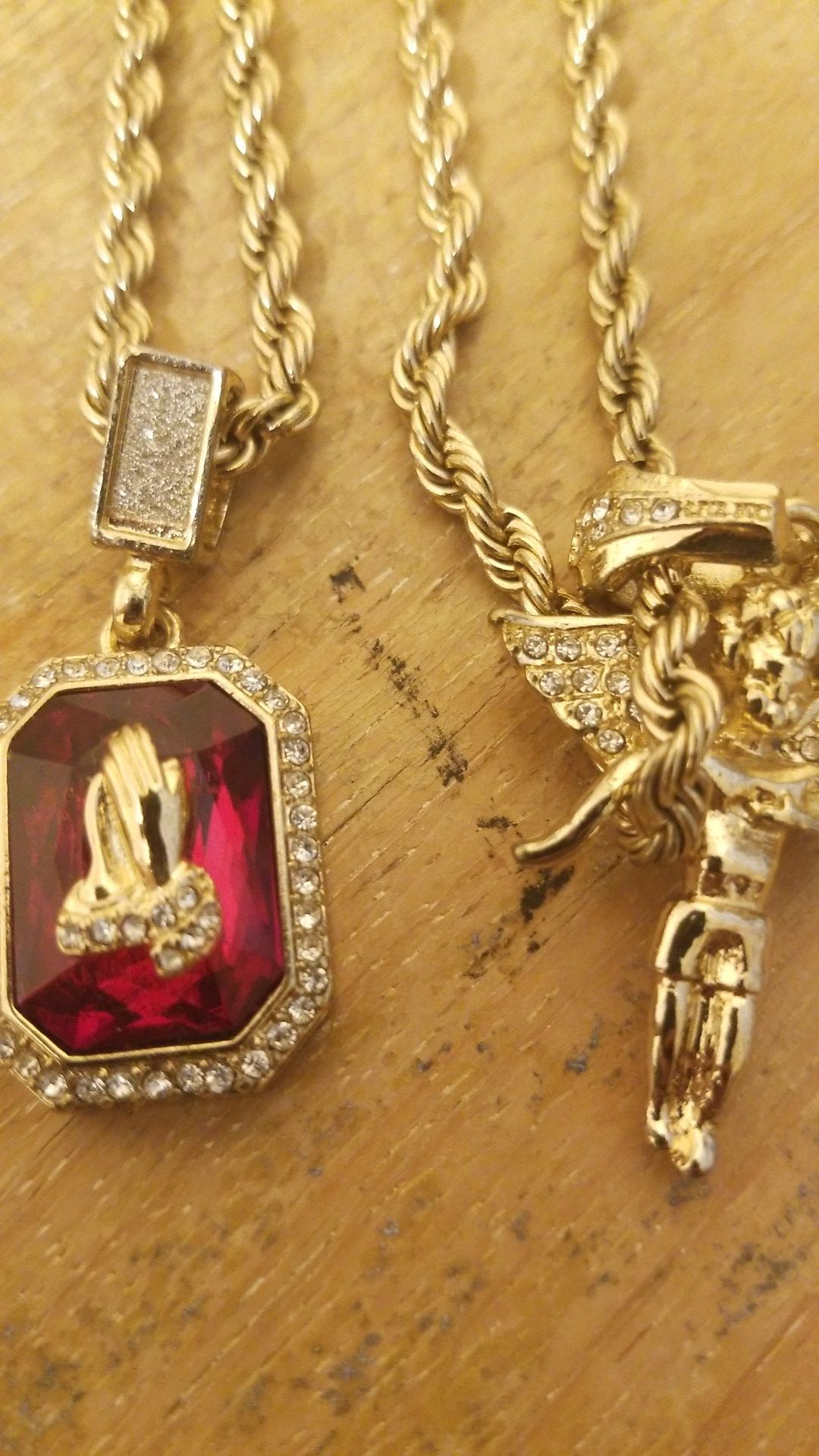 Gold Double Rope Chain with Angel and Prayer Hands Pendants