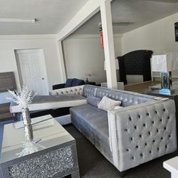 Sectional Chaise Lounge Couch  with Storage Compartment, Mirror Top Coffee Table with  2 Lamps