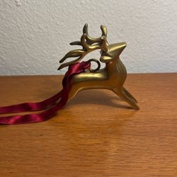 Vintage Solid Brass Reindeer Ornament With Ribbon