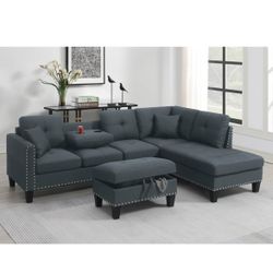 Charcoal Grey Sectional Linen Like Fabric With Pillows Storage Ottoman And Cup Holders Brand New In Box Firm Price $460