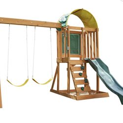 BRAND NEW - KidKraft Ainsley Wooden Outdoor Swing Set with Slide and Rock Wall 
