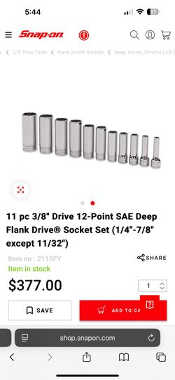SNAP ON - 11 PC , 3/8” Deep Flank Drive Socket Set