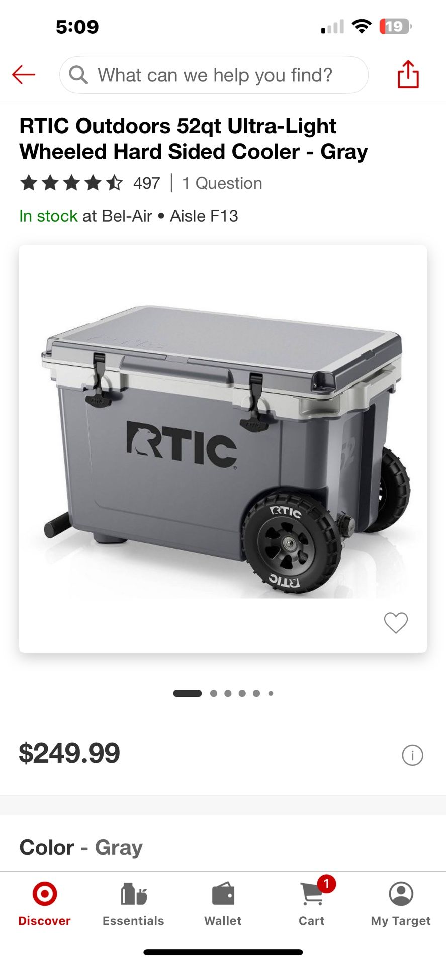 RTIC Outdoors 52qt Ultra-Light Wheeled Hard Sided Cooler - Gray