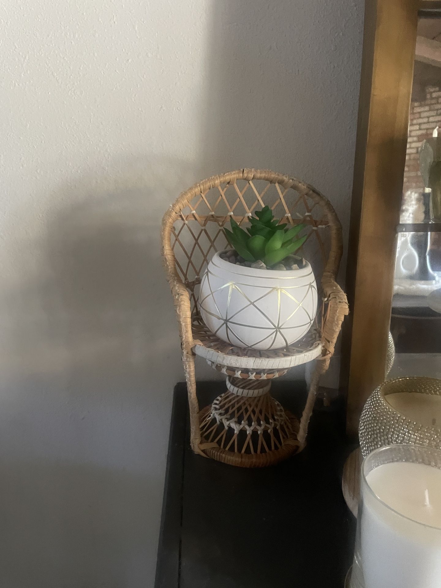 Wicker Planter/faux Plant In White Vase Only