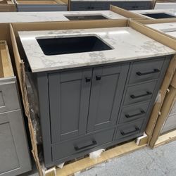 Bathroom vanity cabinet 36” solid mango Quartz top with sink and backsplash 