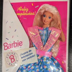 Barbie Fashion Greeting Card - ¡Feliz Cumpleaños!  Blue w/Pink Flowers Dress 1994 New Vintage Mattel