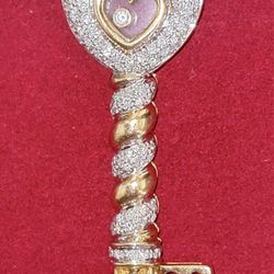18k Yellow Gold 1.3ct Diamond Heart Key & Bale Floating Diamond Pendant 2.5"TALL