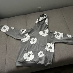 DENIM TEARS Gray Cotton Floral Graphic Print Pullover Hoodie Men's Size S