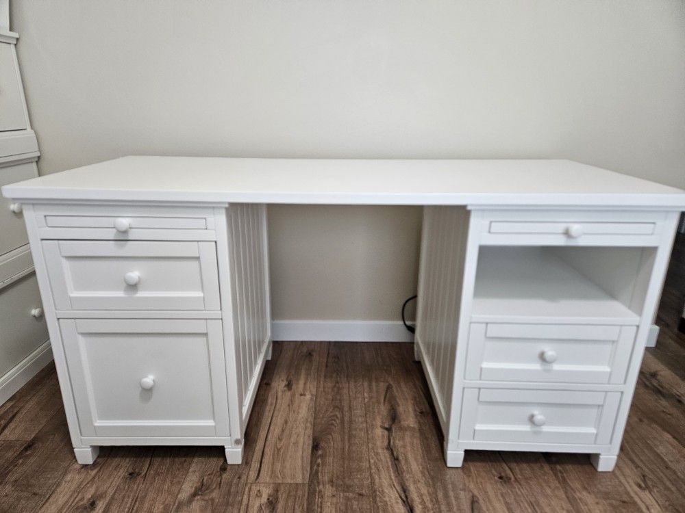 Pottery Barn White Wood Desk With Drawers 59.5x24.5x30.5
