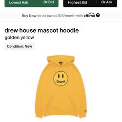 Drew House Mascot Hoodie 21f/w Golden Yellow Medium Brand New With Digital Receipt 