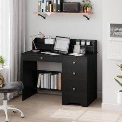 Computer Desk with Drawers and Hutch Shelf, Wood Executive Desk Writing Study Table with 43” Wide Tabletop, Small Desk with File Drawer for Home Offic