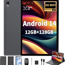  Android 14 Tablet with Keyboard, 12GB+128GB Storage, 1TB Expandable, 8000mAh Battery, 10 Inch 2-in-1 Tablets with 5G/2.4G WiFi, BT5.0, GMS Certified,