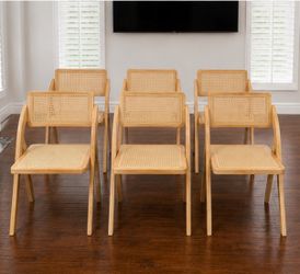 Set of 6 Mid-Century Modern Cane Folding Chairs – Natural Wood