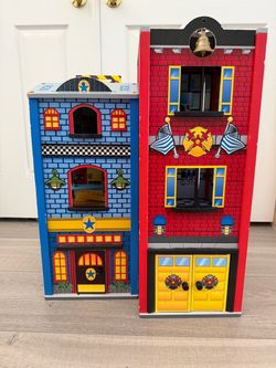 Melissa & Doug Police Station and Fire Station Wooden Dollhouse Set