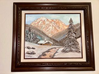 🎨 Original Oil Painting by C. Hess — Winter Mountain Cabin (1985) — Framed 24.5” × 28.75”