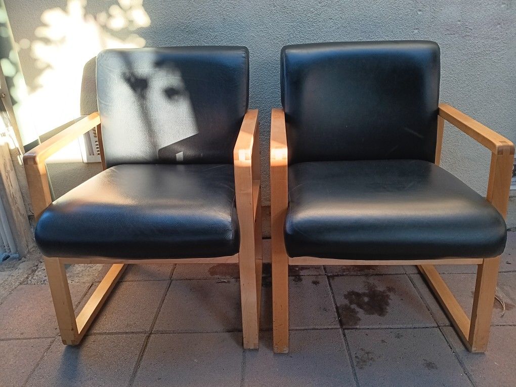 2 Wood Frame Office Chairs with Black Upholstered Faux Leather