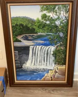 Framed Waterfall Landscape Oil Painting