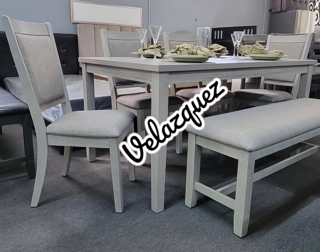 ✅️✅️ 6 pc light finish wood  dining table set padded seat chairs and bench ✅️✅️